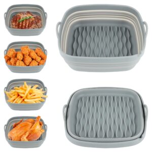 naikit's grey 8 in reusable silicone air fryer square liners for basket size 6.5 qt and above. non-stick, food safe, great instant pot kitchen accessories.