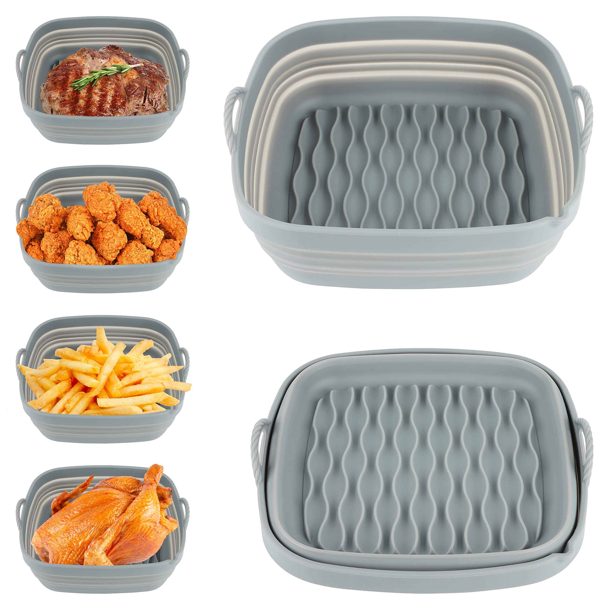 NaiKit's Grey 8 IN Reusable Silicone Air Fryer Square Liners for Basket Size 6.5 QT and above. Non-stick, Food Safe, great Instant Pot Kitchen Accessories.