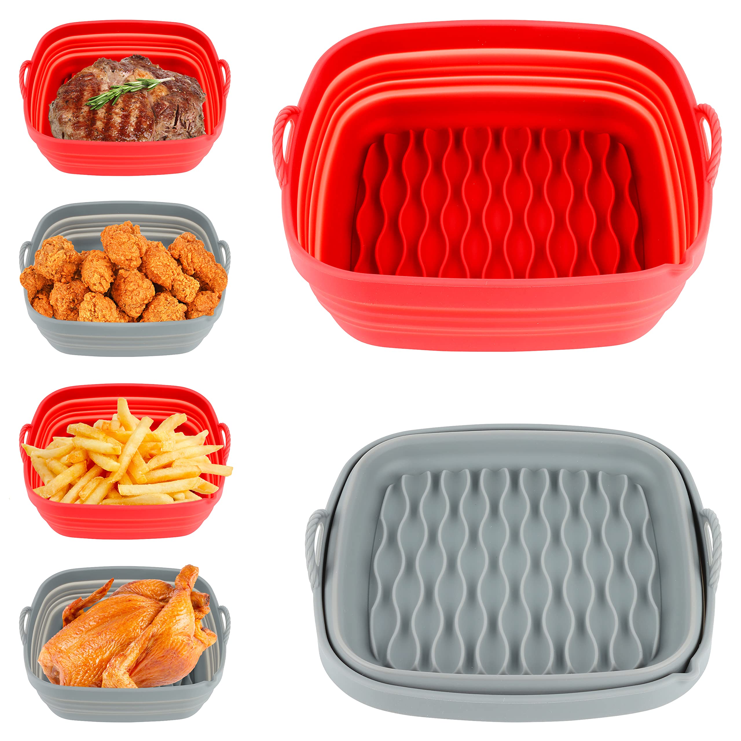 NaiKit's Grey 8 IN Reusable Silicone Air Fryer Square Liners for Basket Size 6.5 QT and above. Non-stick, Food Safe, great Instant Pot Kitchen Accessories.