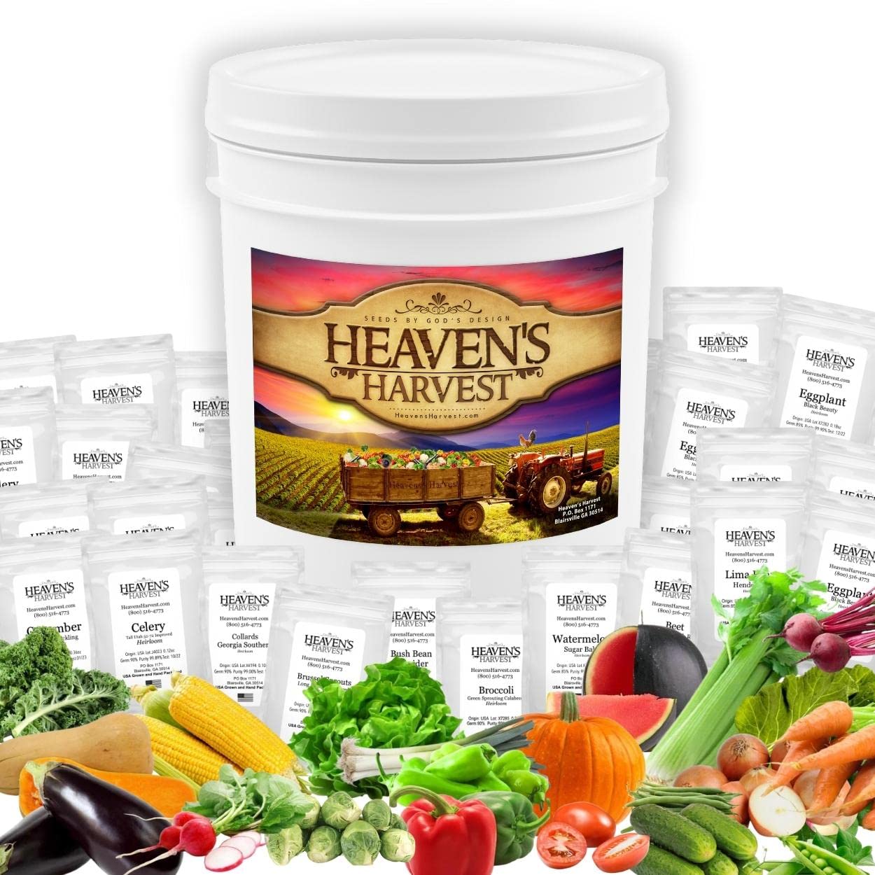 Heaven’s Harvest “10 Year Garden” Survival Seed Bank Kit | Over 25k Non GMO Heirloom Vegetable Survival Seeds + 2 Free Bonus Items: Clyde’s Garden Planner + Seed Vault Storage Drum for 10 Year Storage