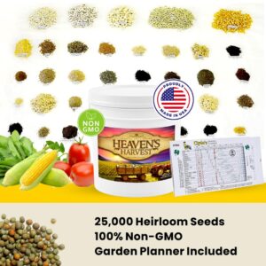 Heaven’s Harvest “10 Year Garden” Survival Seed Bank Kit | Over 25k Non GMO Heirloom Vegetable Survival Seeds + 2 Free Bonus Items: Clyde’s Garden Planner + Seed Vault Storage Drum for 10 Year Storage