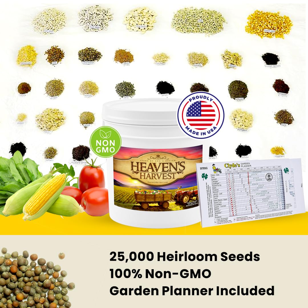 Heaven’s Harvest “10 Year Garden” Survival Seed Bank Kit | Over 25k Non GMO Heirloom Vegetable Survival Seeds + 2 Free Bonus Items: Clyde’s Garden Planner + Seed Vault Storage Drum for 10 Year Storage