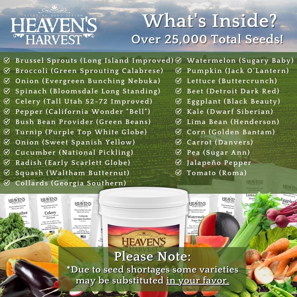 Heaven’s Harvest “10 Year Garden” Survival Seed Bank Kit | Over 25k Non GMO Heirloom Vegetable Survival Seeds + 2 Free Bonus Items: Clyde’s Garden Planner + Seed Vault Storage Drum for 10 Year Storage