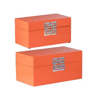 benjara neo 14, 11 inch set of 2 decorative boxes, geometric metal accents, orange