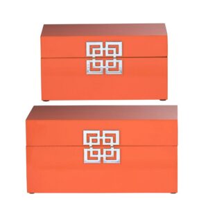 Benjara Neo 14, 11 Inch Set of 2 Decorative Boxes, Geometric Metal Accents, Orange