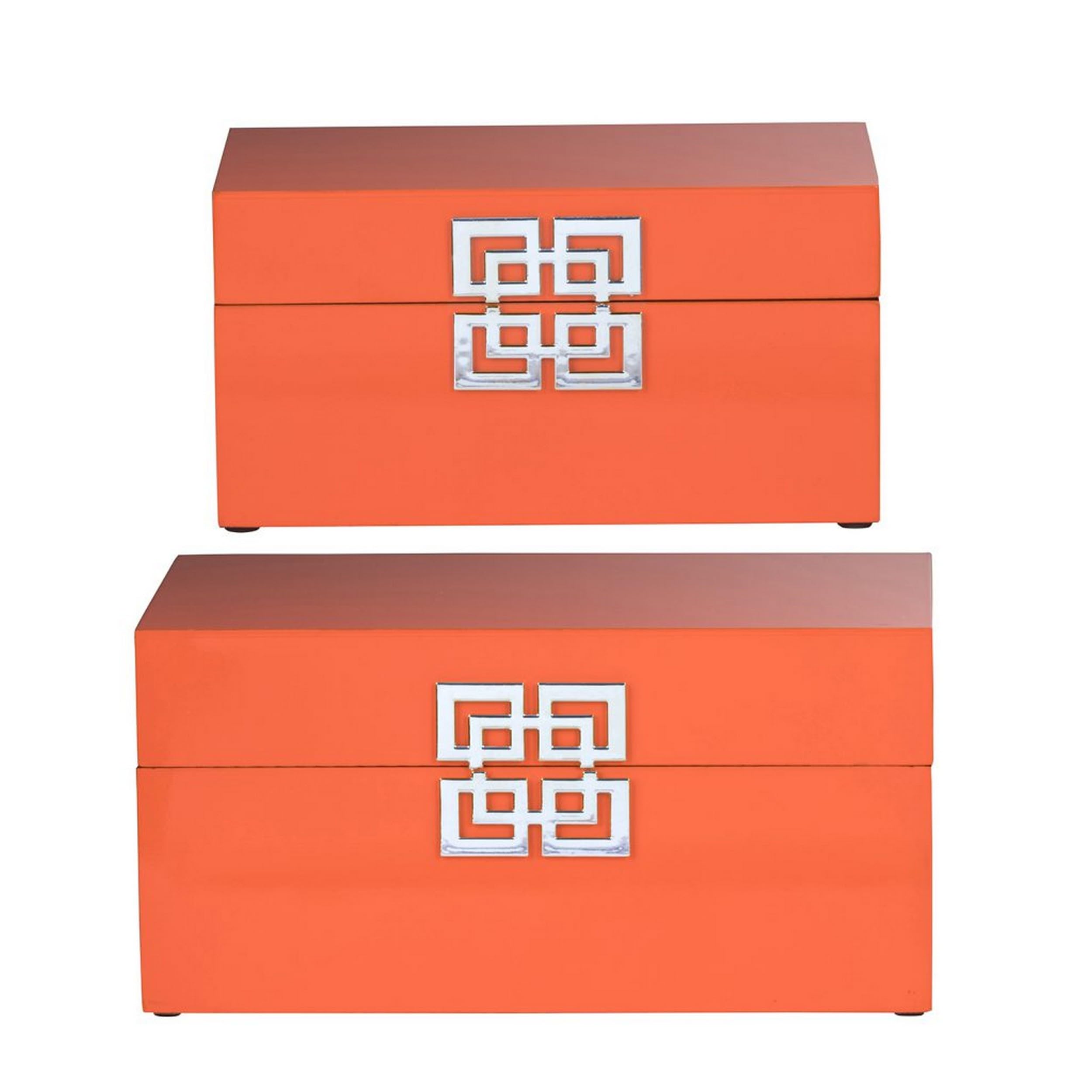 Benjara Neo 14, 11 Inch Set of 2 Decorative Boxes, Geometric Metal Accents, Orange