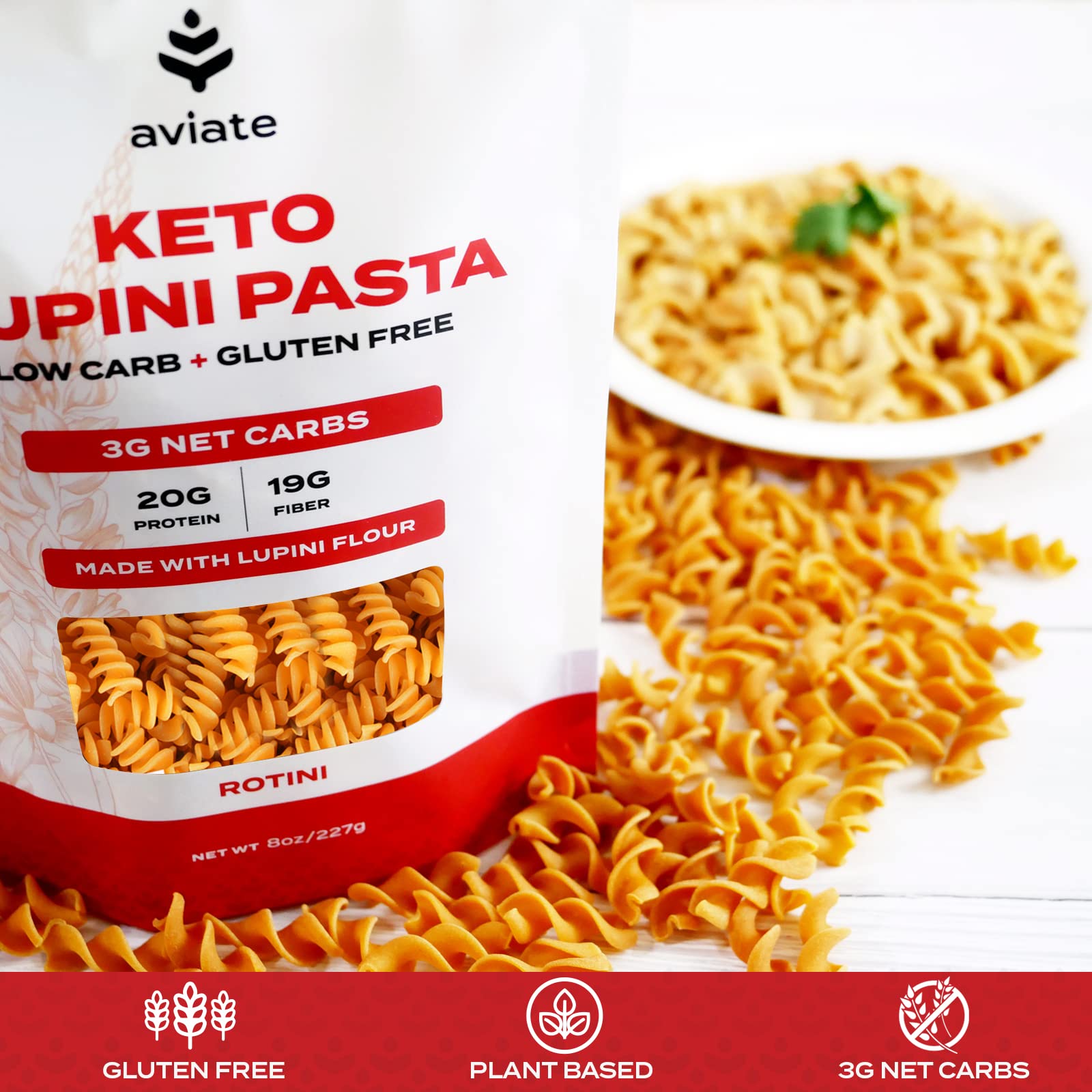 Aviate Keto Pasta Rotini - Low Carb (3g Net) Lupini Noodles, High Protein (20g), Gluten-Free, Made with Lupin Flour, Plant Based Vegan, Keto-friendly, Low Carb - Rotini (8oz) (Pack of 3)