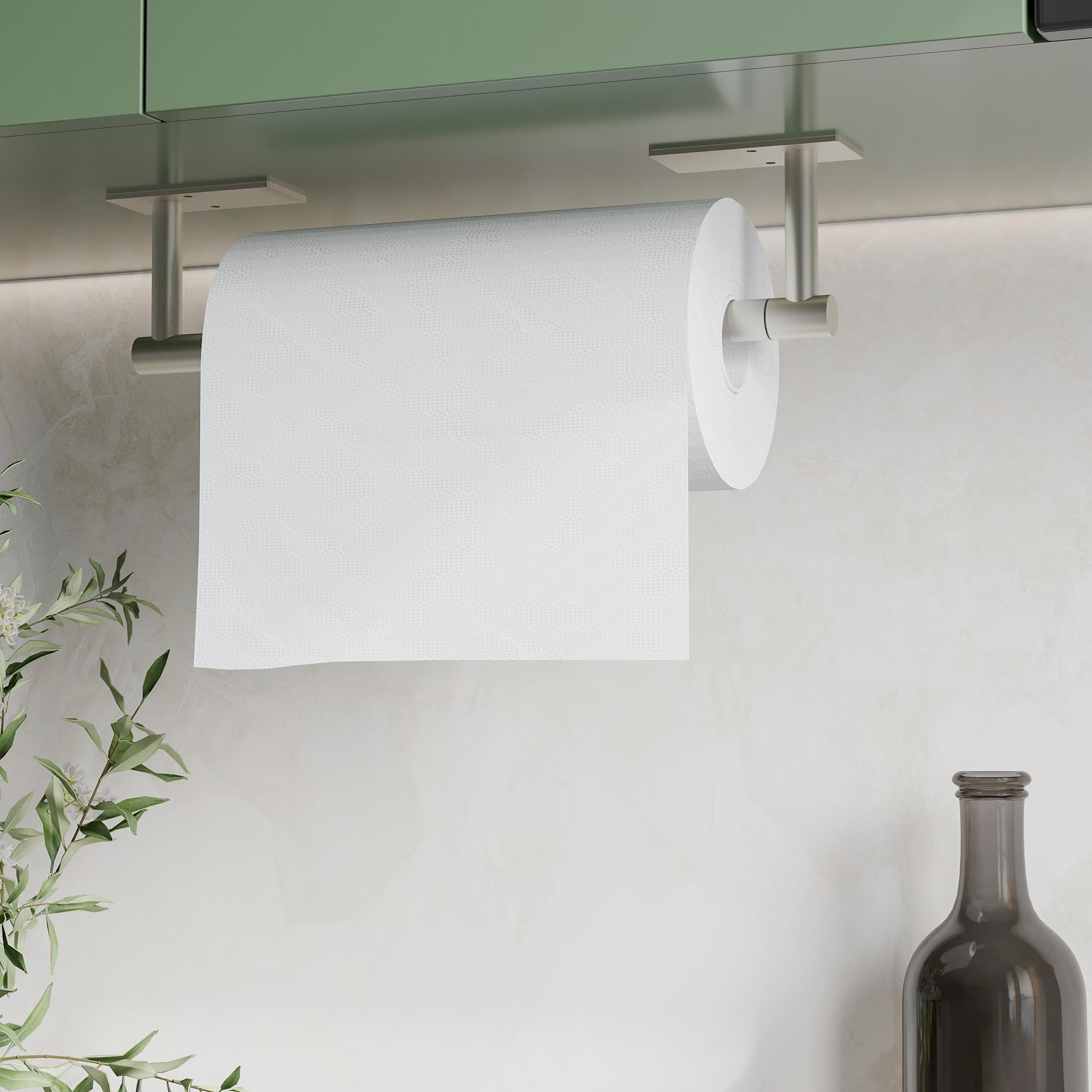 WZRUA Brushed Paper Towel Holder Under Cabinet, Self Adhesive Paper Towel Holder or Wall Mount Paper Towel Holder for Kitchen Bathroom SUS304 Stainless Steel Square Base