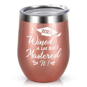 liqcool graduation gifts for her 2023, masters degree graduation gifts, i win a lot but i mastered it wine tumbler with lid, insulated wine tumbler graduation gifts 2023 christmas(12 oz, rose gold)