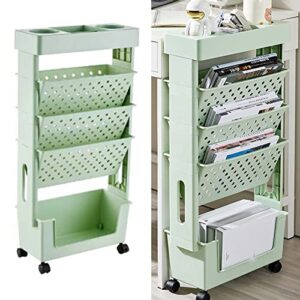heepdd movable bookshelf cart, 5-tier plastic rolling utility cart multifunctional storage trolley for office living room home kitchen school(green)