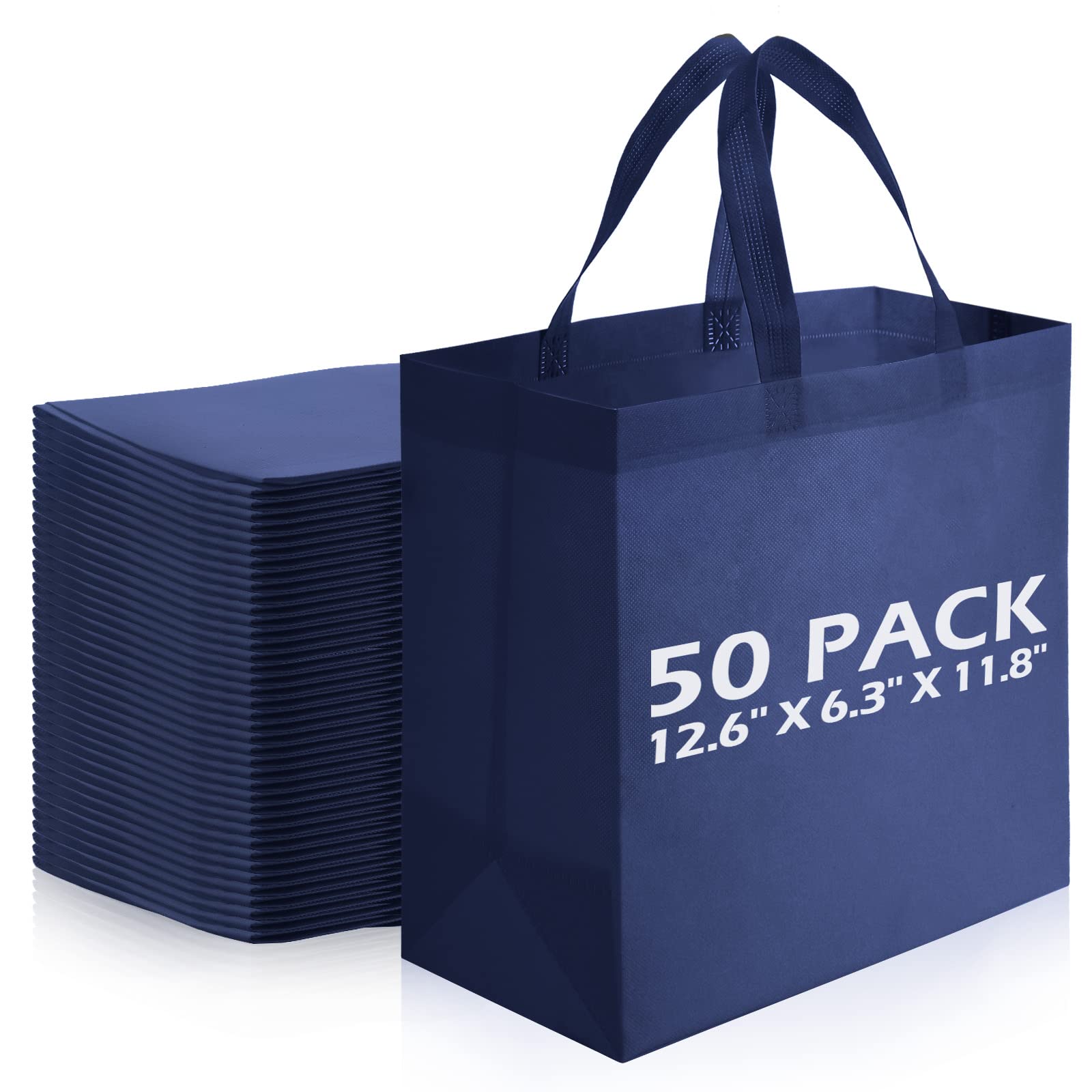 50 Pieces Reusable Totes Bag Bulk, Shopping Bags Non Woven Grocery Bag with Handles Foldable for Parties Boutiques Retail (Navy Blue)