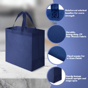 50 Pieces Reusable Totes Bag Bulk, Shopping Bags Non Woven Grocery Bag with Handles Foldable for Parties Boutiques Retail (Navy Blue)