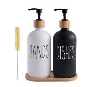 soap dispenser, 2pcs contains dish soap dispenser and hand soap dispenser, kitchen soap dispenser set with tray and brush for kitchen sink bathroom counter decor (black & white)