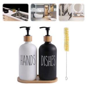 Soap Dispenser, 2pcs Contains Dish Soap Dispenser and Hand Soap Dispenser, Kitchen Soap Dispenser Set with Tray and Brush for Kitchen Sink Bathroom Counter Decor (Black & White)