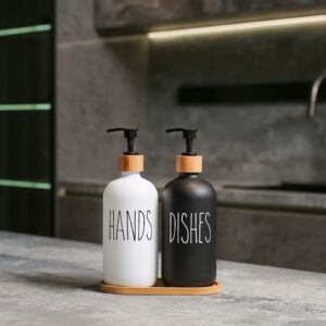 Soap Dispenser, 2pcs Contains Dish Soap Dispenser and Hand Soap Dispenser, Kitchen Soap Dispenser Set with Tray and Brush for Kitchen Sink Bathroom Counter Decor (Black & White)