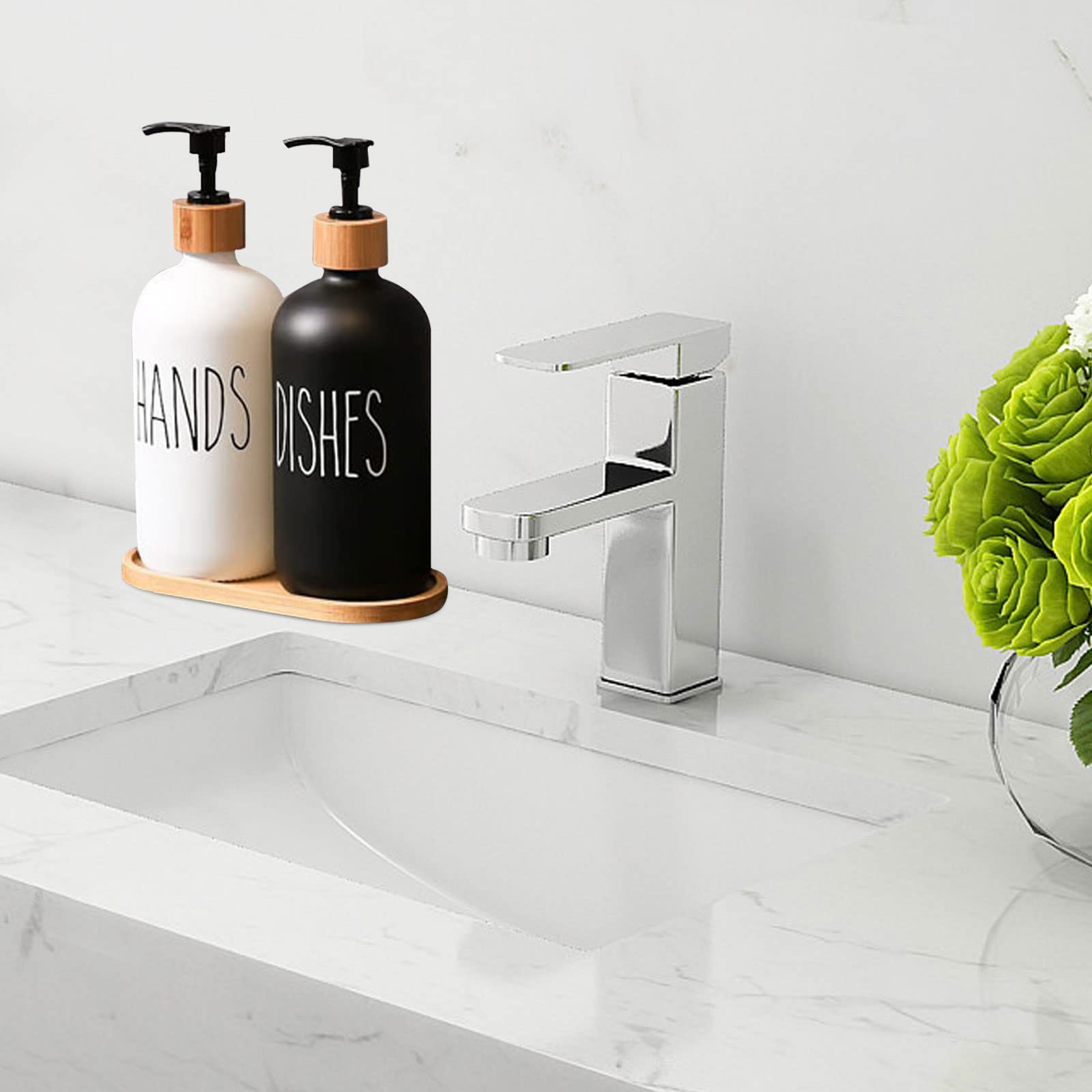 Soap Dispenser, 2pcs Contains Dish Soap Dispenser and Hand Soap Dispenser, Kitchen Soap Dispenser Set with Tray and Brush for Kitchen Sink Bathroom Counter Decor (Black & White)