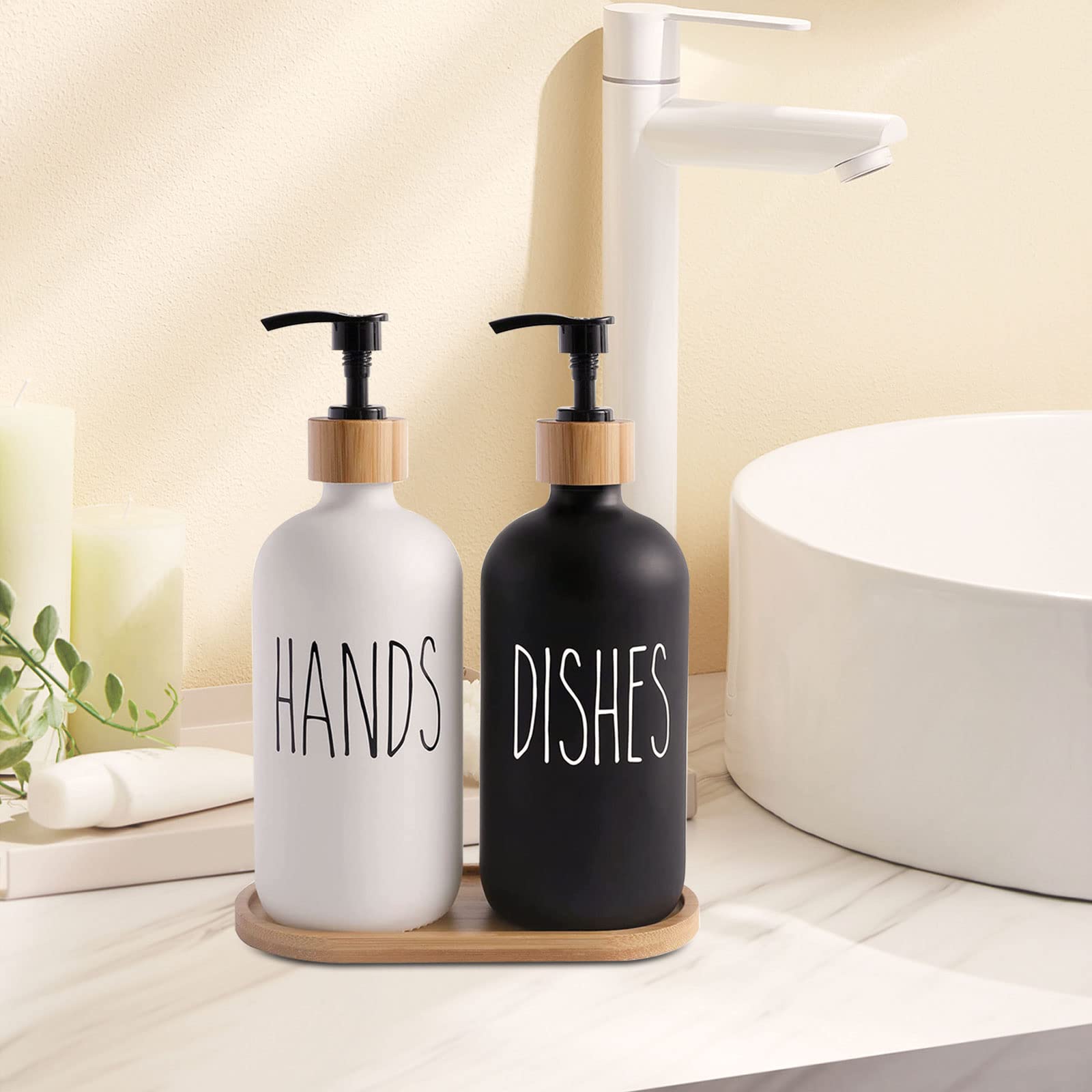 Soap Dispenser, 2pcs Contains Dish Soap Dispenser and Hand Soap Dispenser, Kitchen Soap Dispenser Set with Tray and Brush for Kitchen Sink Bathroom Counter Decor (Black & White)