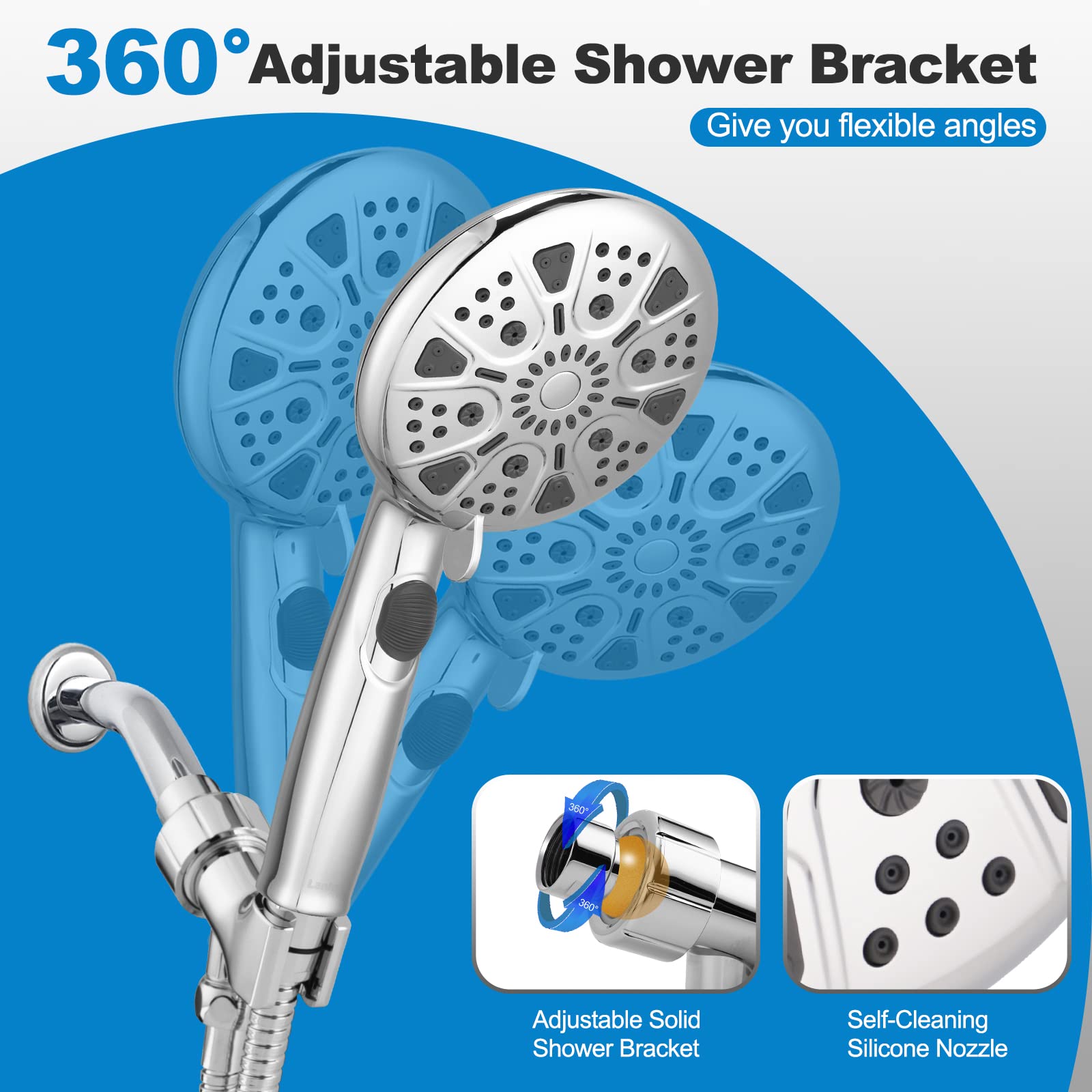 High Pressure Shower Head with handheld, Lanhado 9 Setting Handheld Shower Head with Hose & Adjustable Bracket, High Flow shower heads, Built-in Power Wash to Clean Tub, Tile & Pets, Chrome