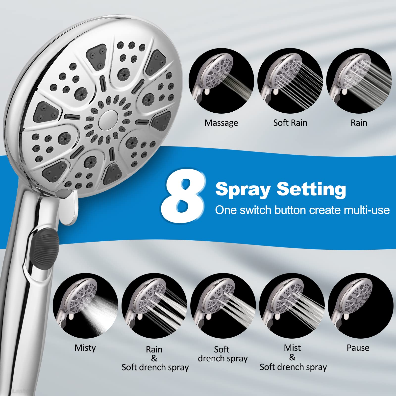 High Pressure Shower Head with handheld, Lanhado 9 Setting Handheld Shower Head with Hose & Adjustable Bracket, High Flow shower heads, Built-in Power Wash to Clean Tub, Tile & Pets, Chrome