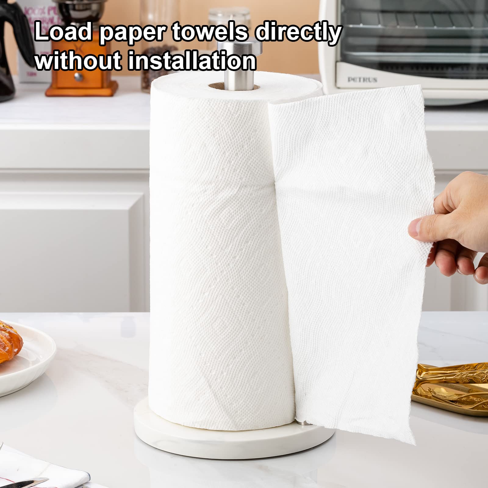 Kitchen Paper Towel Holder - LUKA Ceramic Weighted Base Modern Paper Towel Standing Fits Standard & Jumbo Rolls; Adjustable Spring Arm Upright Easy Tear Paper Towel Dispenser for Countertop Tables