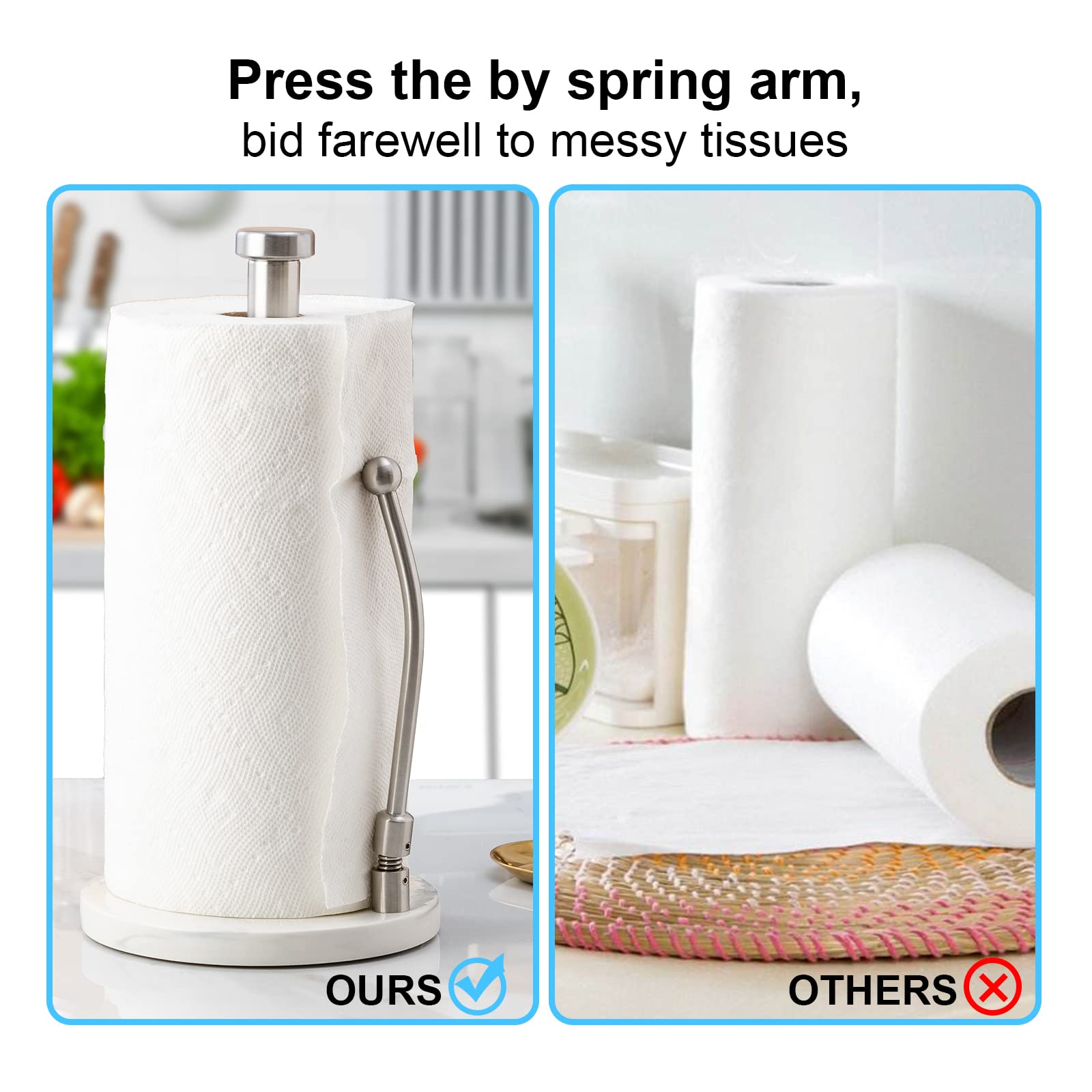 Kitchen Paper Towel Holder - LUKA Ceramic Weighted Base Modern Paper Towel Standing Fits Standard & Jumbo Rolls; Adjustable Spring Arm Upright Easy Tear Paper Towel Dispenser for Countertop Tables