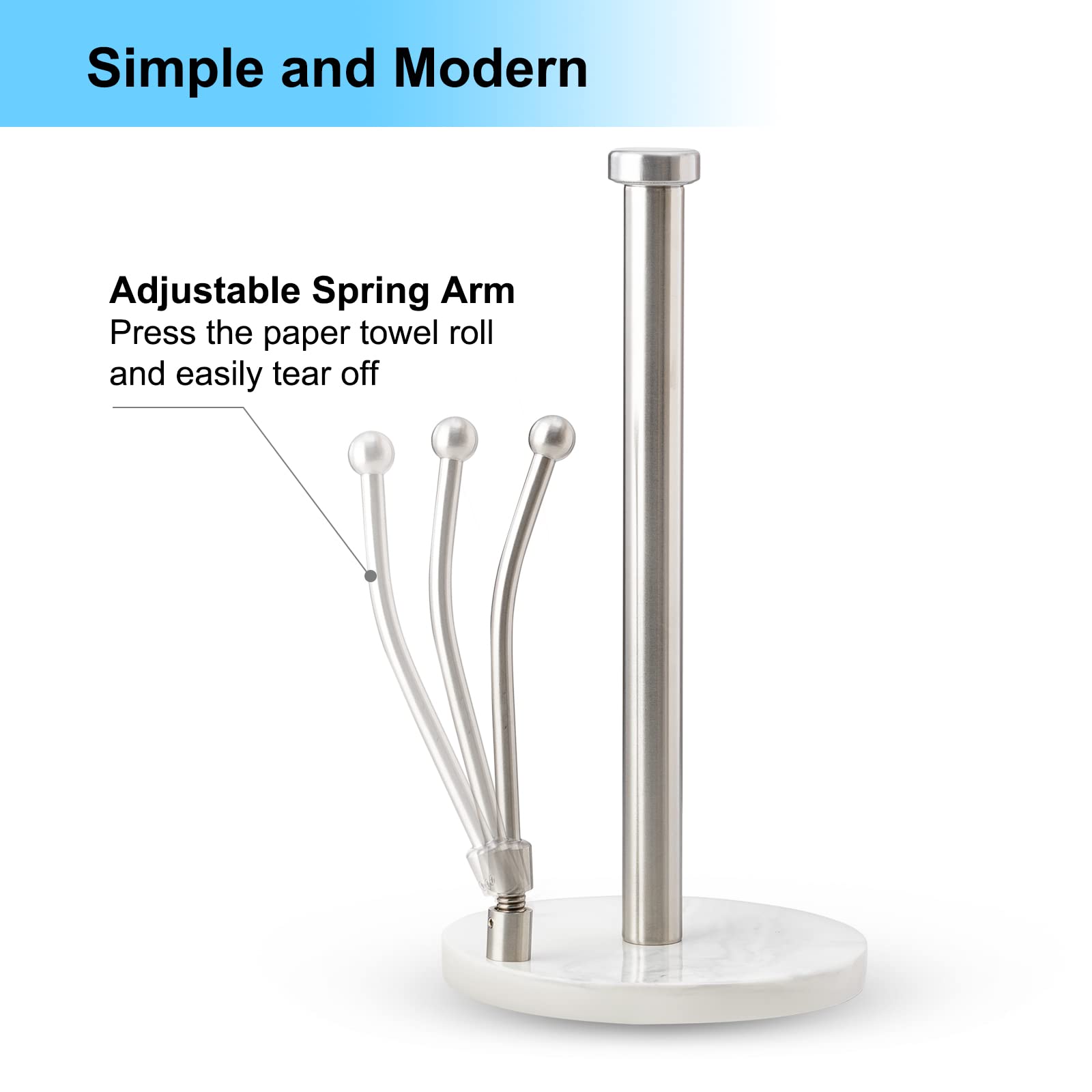 Kitchen Paper Towel Holder - LUKA Ceramic Weighted Base Modern Paper Towel Standing Fits Standard & Jumbo Rolls; Adjustable Spring Arm Upright Easy Tear Paper Towel Dispenser for Countertop Tables