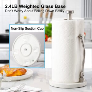 Kitchen Paper Towel Holder - LUKA Ceramic Weighted Base Modern Paper Towel Standing Fits Standard & Jumbo Rolls; Adjustable Spring Arm Upright Easy Tear Paper Towel Dispenser for Countertop Tables