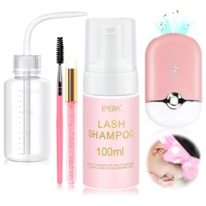 emeda lash shampoo for extensions cleaning bath kit for cluster lashes, fan brush wash bottle hair band, oil free foam soap cleaner, eyelash cleanser