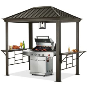 abccanopy 6x8 grill hardtop gazebo - outdoor metal gazebo with galvanized steel roof, permanent aluminum bbq canopy with shelves for patio, lawn, garden (single roof, dark brown)