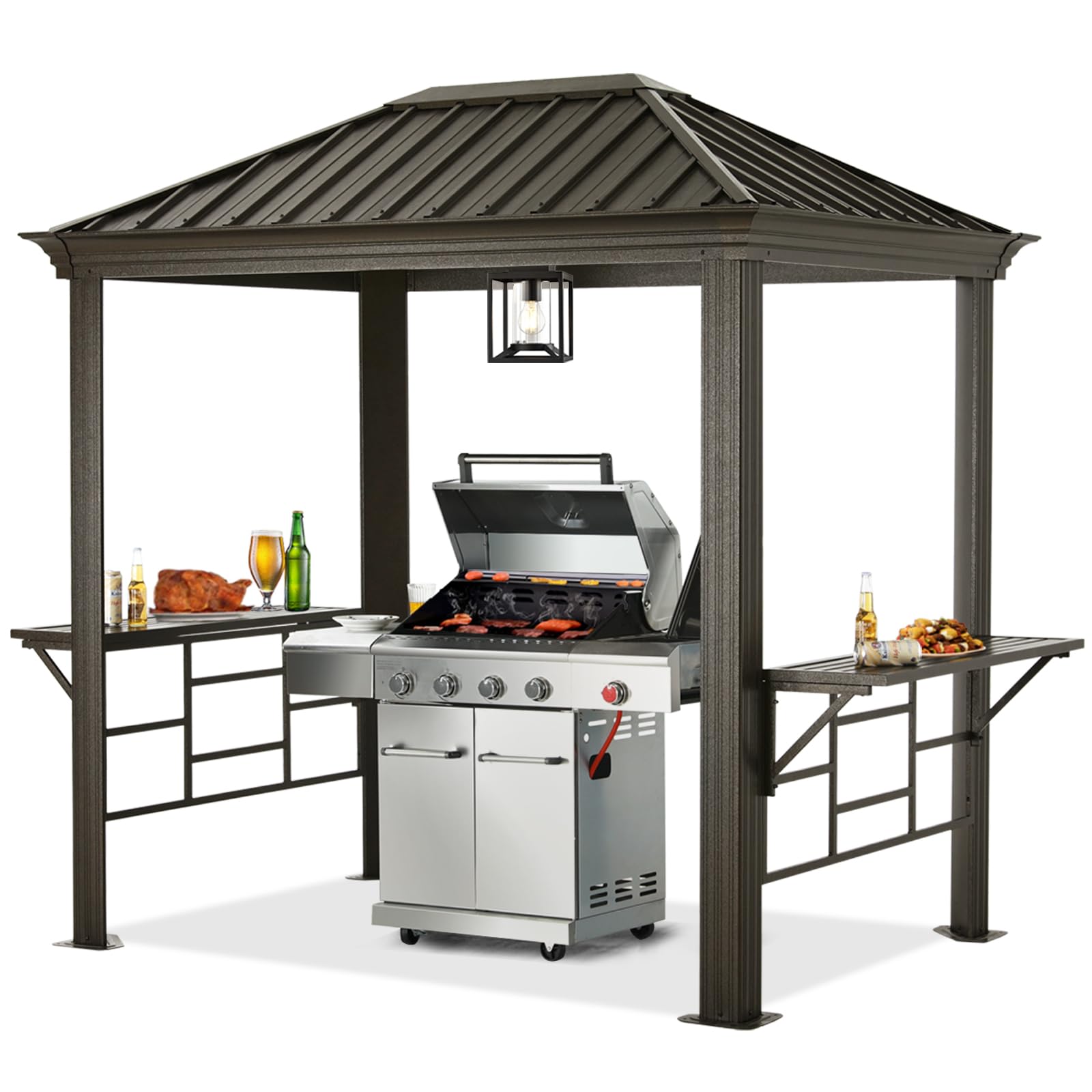 ABCCANOPY 6x8 Grill Hardtop Gazebo - Outdoor Metal Gazebo with Galvanized Steel Roof, Permanent Aluminum BBQ Canopy with Shelves for Patio, Lawn, Garden (Single Roof, Dark Brown)