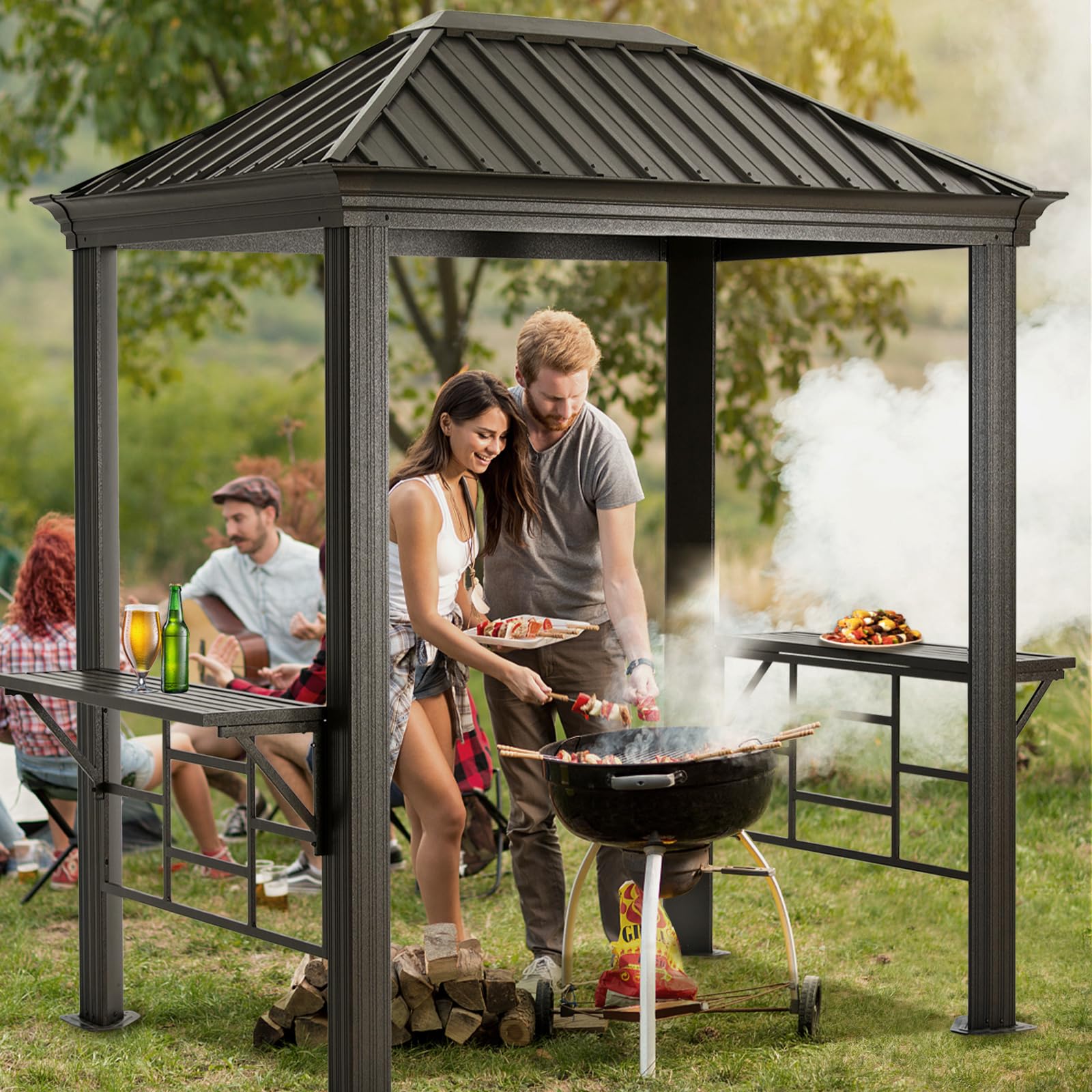 ABCCANOPY 6x8 Grill Hardtop Gazebo - Outdoor Metal Gazebo with Galvanized Steel Roof, Permanent Aluminum BBQ Canopy with Shelves for Patio, Lawn, Garden (Single Roof, Dark Brown)