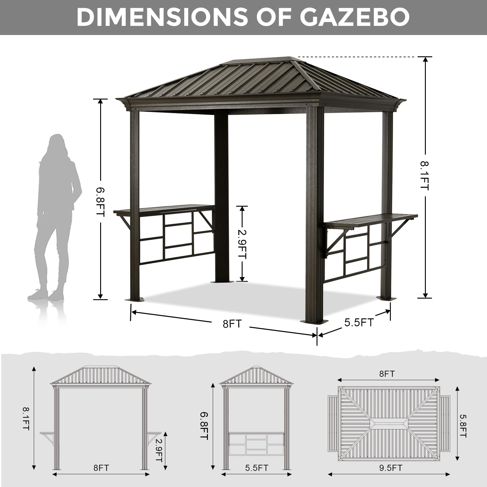 ABCCANOPY 6x8 Grill Hardtop Gazebo - Outdoor Metal Gazebo with Galvanized Steel Roof, Permanent Aluminum BBQ Canopy with Shelves for Patio, Lawn, Garden (Single Roof, Dark Brown)