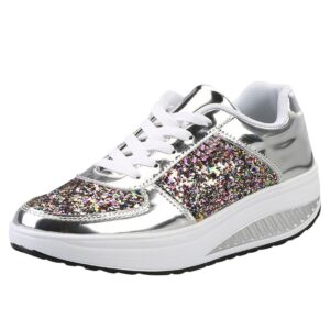 womens sports walking sneakers platform crystal bling sneakers fashion shoes lace-up flat heel orthopedic shoes silver