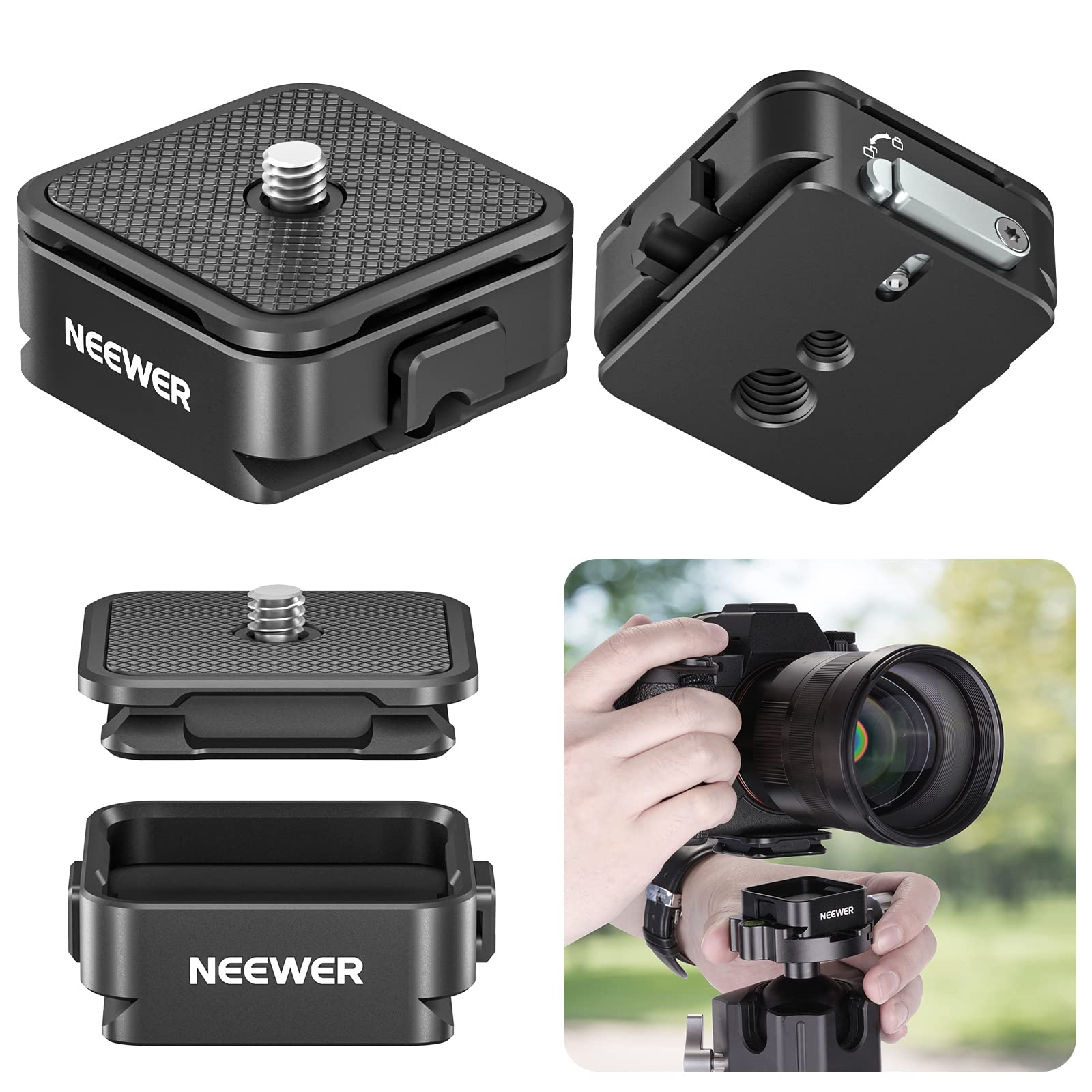 NEEWER Arca Type Quick Release Plate Kit, Four Side Slot Compatible with Arca Swiss Camera Mount Adapter with 1/4” 3/8" Threads for Gimbal Stabilizer Tripod Head Slider, Max Load 17.6lb/8kg, CA009