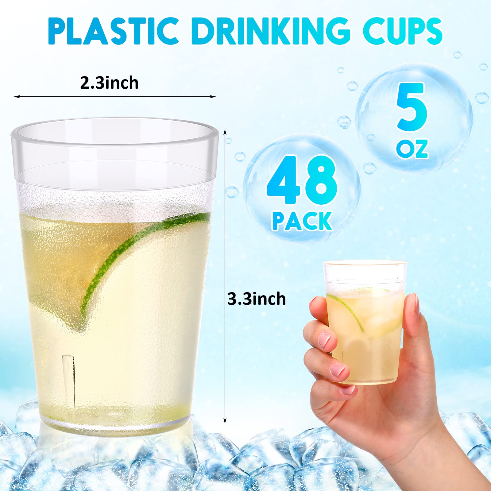 Hoolerry 48 Pack Plastic Drinking Glasses Set 5 oz Clear Plastic Tumblers Stackable Frosted Plastic Cup Reusable Drinking Glasses Cups Bulk for Weddings Party Restaurant Kitchen