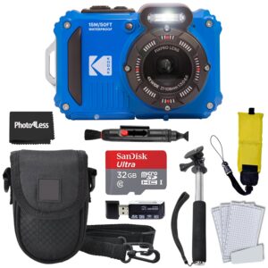 kodak pixpro wpz2 rugged waterproof shockproof digital camera 16mp 4x optical zoom 1080p full hd video, 2.7" lcd (blue), 32gb sd card, black compact camera case, floating strap, bundle (7 items)