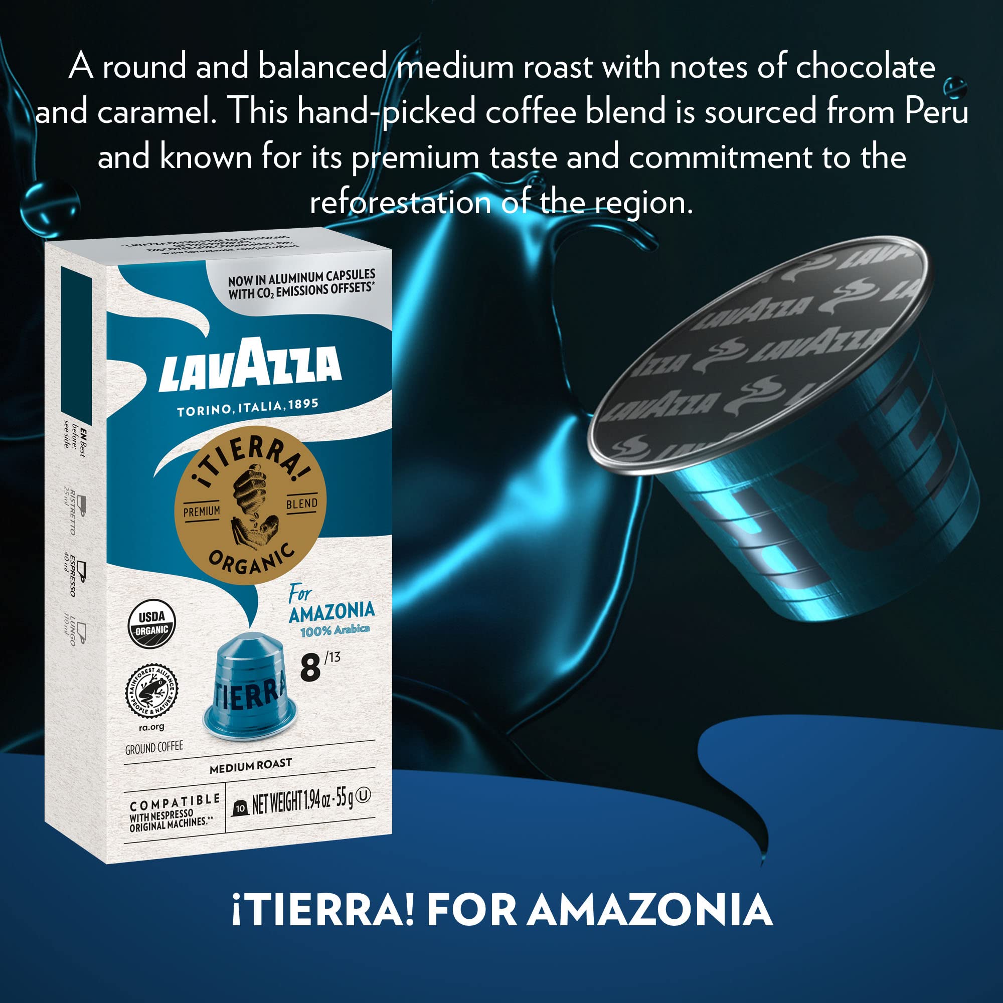 Lavazza TIERRA AMAZONIA USDA ORGANIC Espresso Aluminum Capsules Compatible with Nespresso Original Machines (Pack of 60) ,Value Pack, Medium Roast, 100% Arabica, Round & Balanced, Intensity 8 of 13