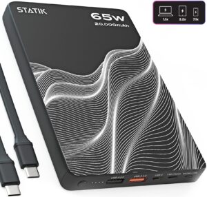 statik 65w laptop power bank 20000mah | fast charging powerful & slim | charge 3 devices at once | usb-c portable laptop charger external travel battery pack, works with iphone, tablet and more