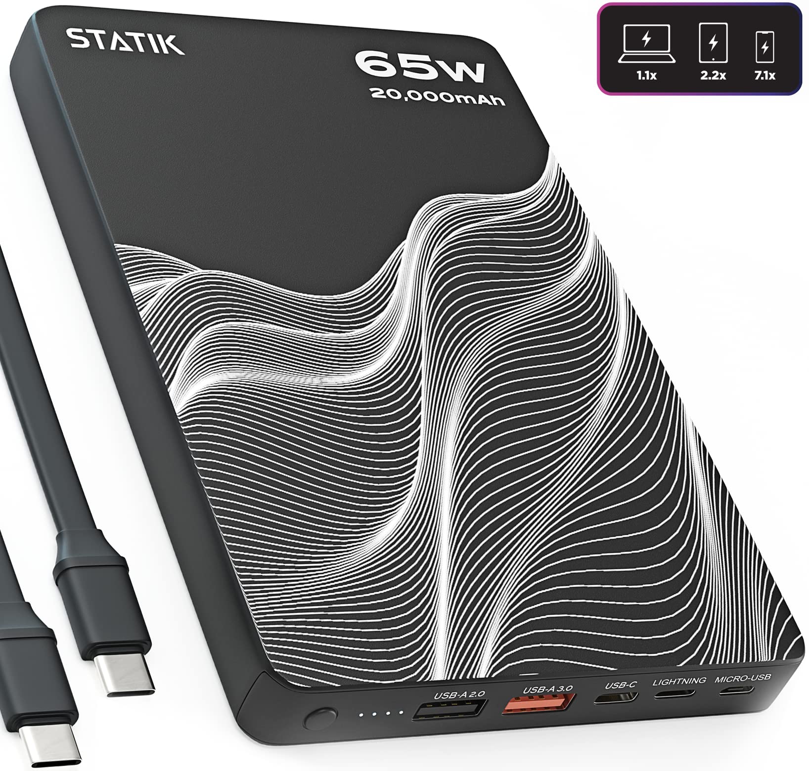 Statik 65W Laptop Power Bank 20000MAh | Fast Charging Powerful & Slim | Charge 3 Devices at Once | USB-C Portable Laptop Charger External Travel Battery Pack, Works with iPhone, Tablet and More