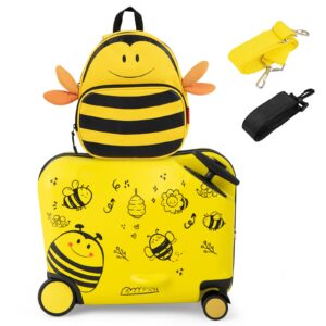 honey joy 12" bee themed kids travel backpack & 18" hardside suitcase with wheels, yellow, 2 pcs