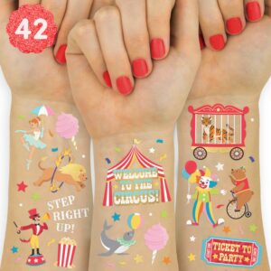 xo, fetti circus party temporary tattoos - 42 gold + silver foil styles | circus birthday party supplies, carnival party favors, circus animals temp tats, clown arts and crafts