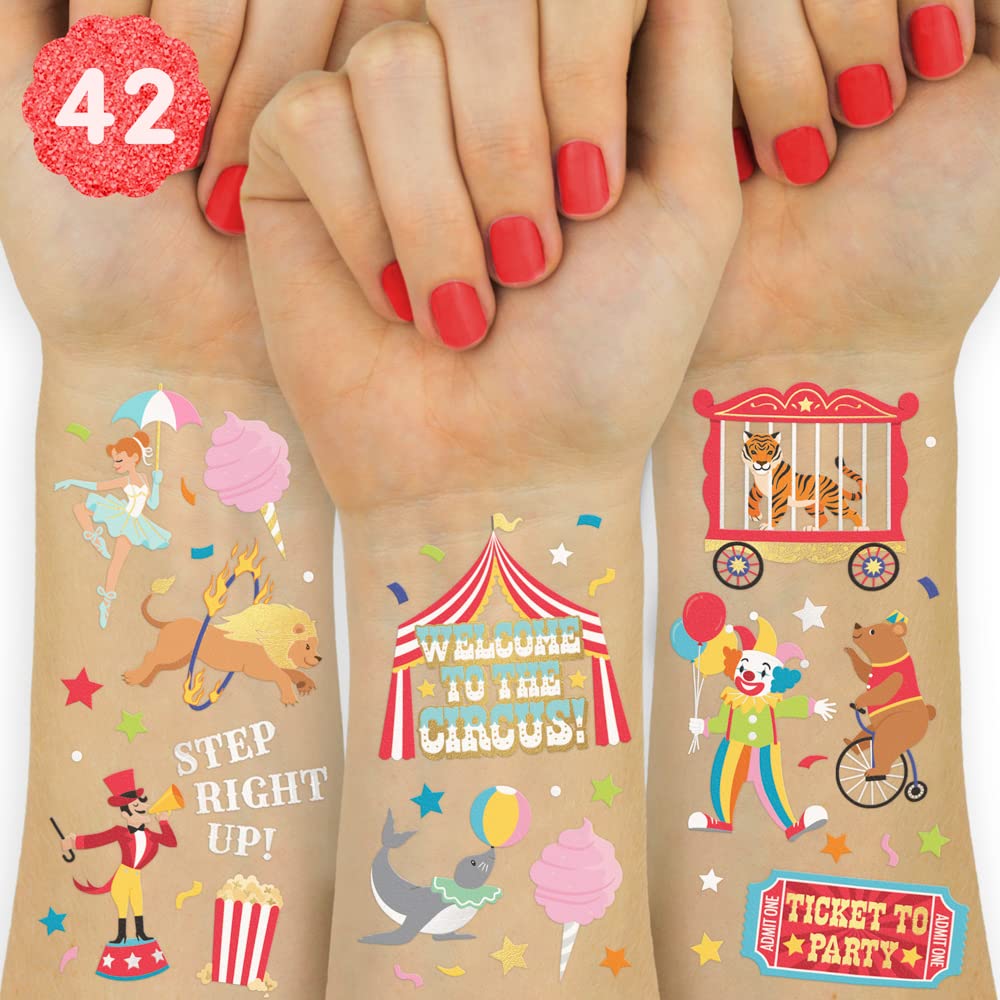 xo, Fetti Circus Party Temporary Tattoos - 42 Gold + Silver Foil Styles | Circus Birthday Party Supplies, Carnival Party Favors, Circus Animals Temp Tats, Clown Arts and Crafts