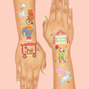 xo, Fetti Circus Party Temporary Tattoos - 42 Gold + Silver Foil Styles | Circus Birthday Party Supplies, Carnival Party Favors, Circus Animals Temp Tats, Clown Arts and Crafts