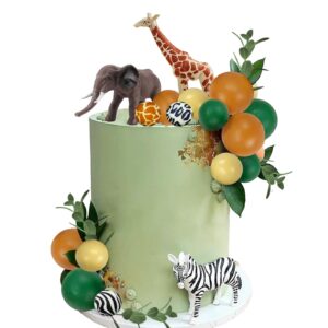 24 pcs realistic safari jungle animal cake toppers with colorful balls cake decorations for wild themed birthday oh baby party supplies (green yellow)