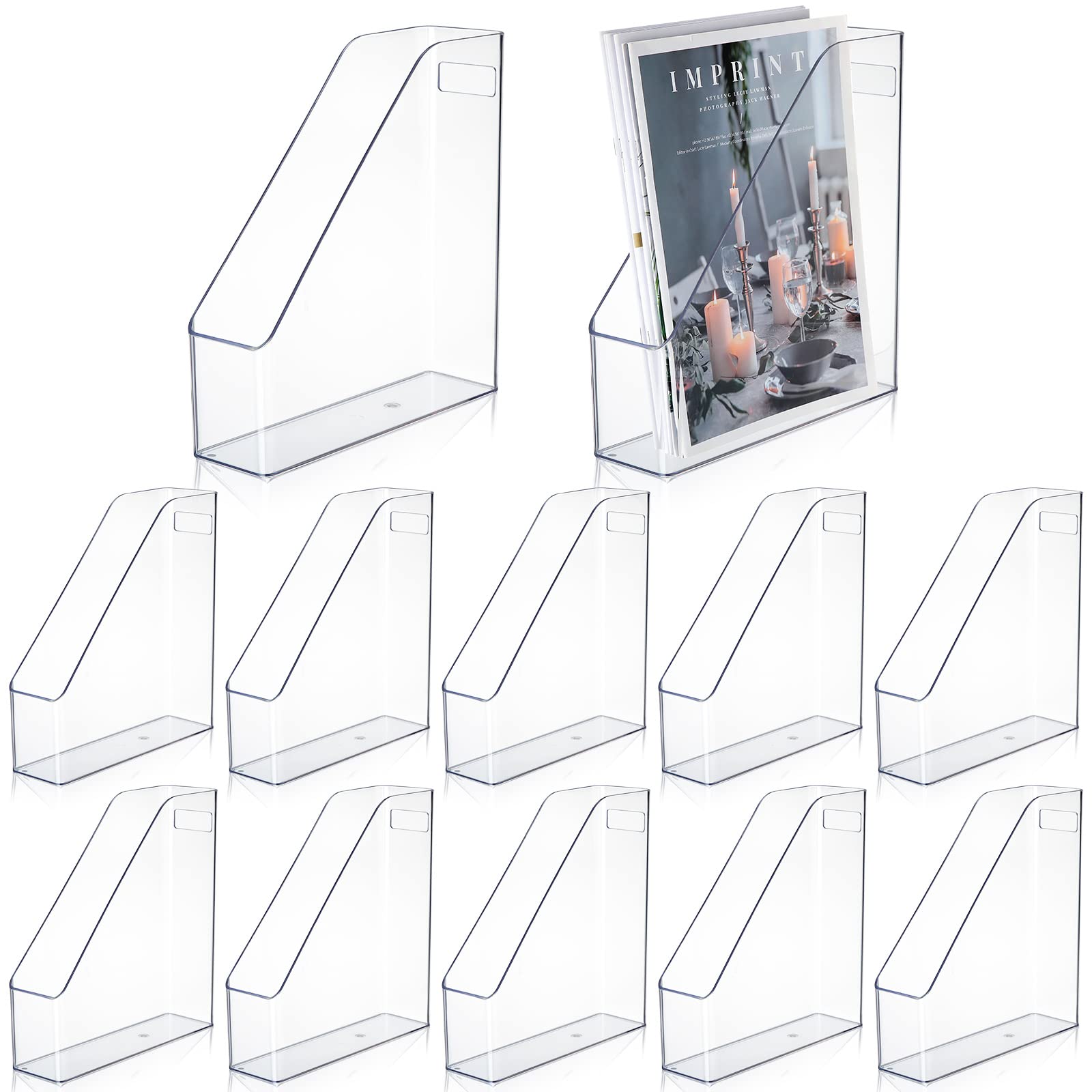 12 Pcs Clear Acrylic Magazine File Holder Plastic Desk Organizer with Handle Basics Vertical Magazine Rack Desk Folder Document Storage Organizer for Home Office School Work Study Desktop Supplies