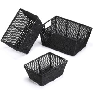 vagusicc wicker baskets, round paper rope wicker storage basket for shelves, rectangular small wicker baskets for organizing & decor, brown, 3-pack