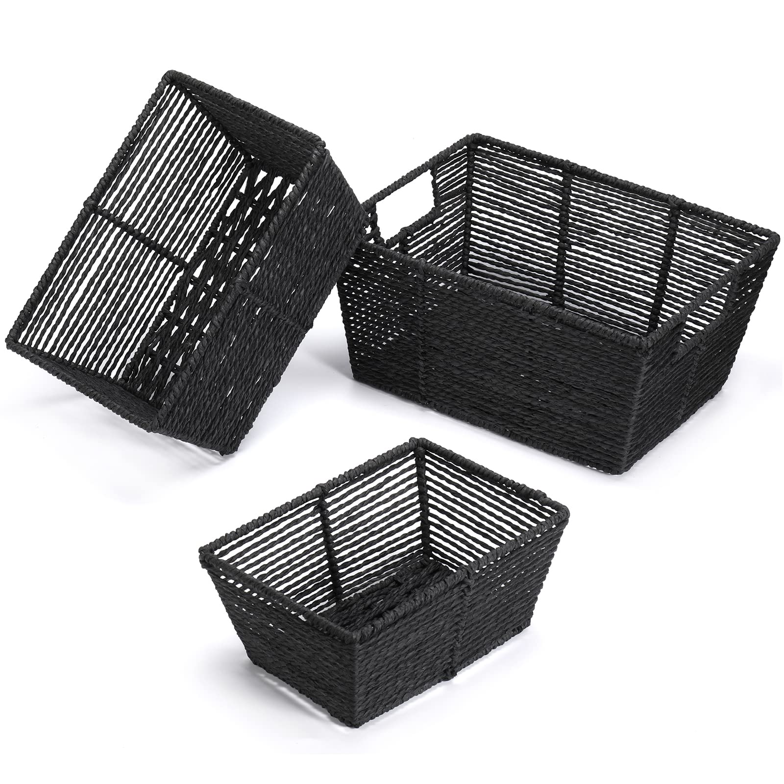 Vagusicc Wicker Baskets, Round Paper Rope Wicker Storage Basket for Shelves, Rectangular Small Wicker Baskets for Organizing & Decor, Brown, 3-Pack