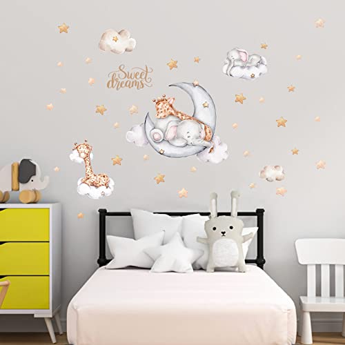 Elephant and Giraffe on The Moon and Stars Wall Stickers for Kids Baby Room Decor Sweet Dream Moon Hot Air Balloon Star Baby Nursery Decor Baby Shower Room Interior Decor Kid