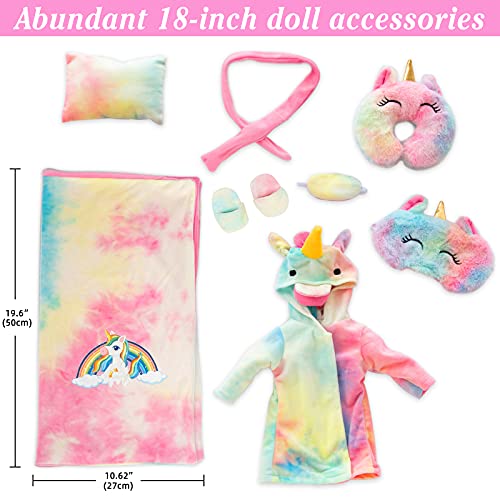 XFEYUE American 18 inch Doll Clothes and Doll Sleeping Bag Set - Rainbow Unicorn Doll Costume with Unicorn Style Sleeping Bag, Pillow, Eye Mask Slumber Party Accessories Fits 18 Inch Doll