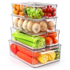 8 pack fridge organizer with egg holder, pba-free refrigerator organizer bins with lids, stackable plastic pantry organizer bins for kitchen, countertops, cabinets, fridge, fruits, vegetable, cereals